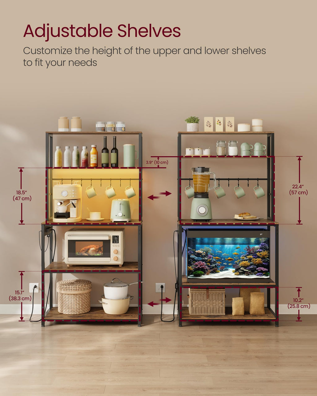 VASAGLE Coffee Bar with LED Lights, Kitchen Bakers Rack with Power Outlet, Microwave Stand with Adjustable Shelves, 8 Hooks, 15.7 x 31.5 x 65.7 Inches, Rustic Brown and Matte Black UKKS050K01