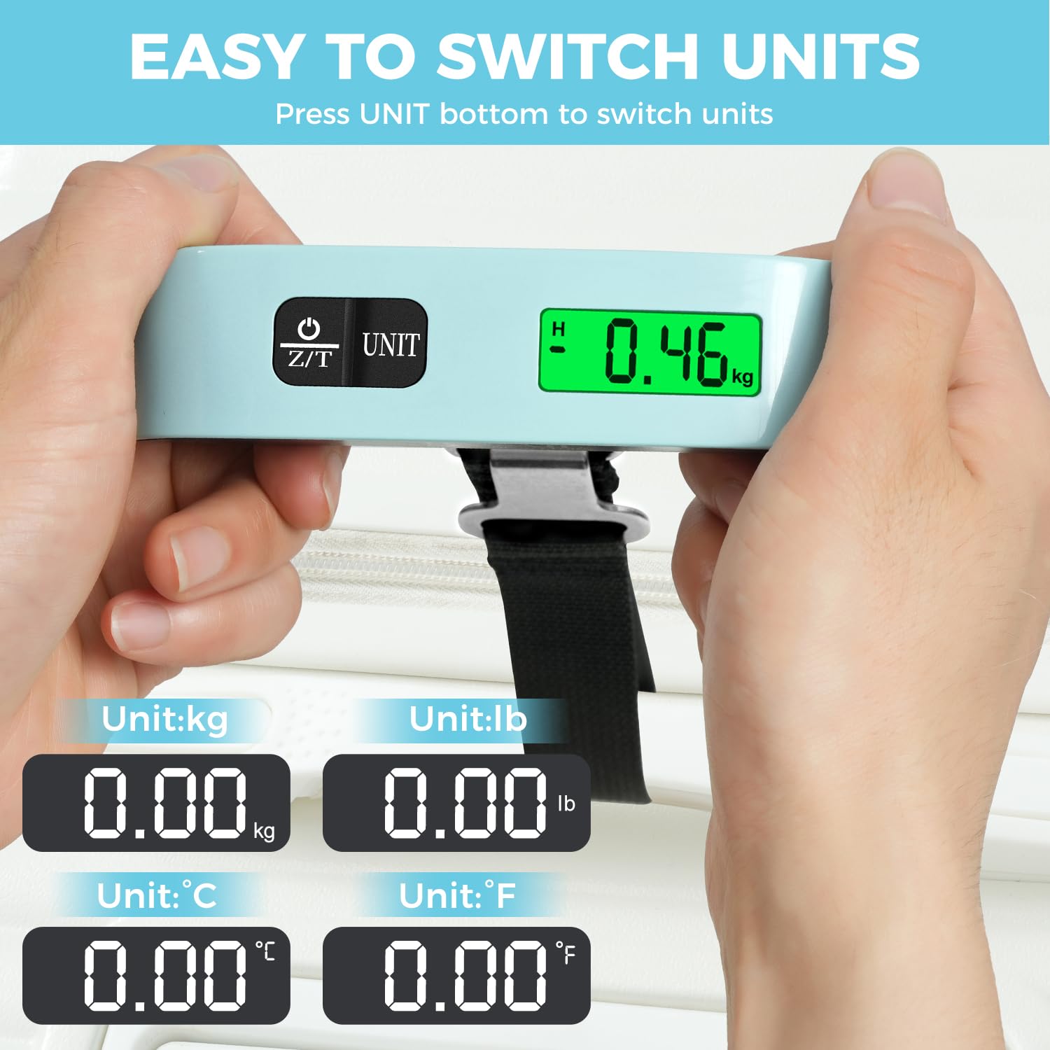 BAGAIL Digital Luggage Scale, 110lbs Hanging Baggage Scale with Backlit LCD Display,Portable Suitcase Weighing Scale,Travel Luggage Weight Scale with Hook,Strong Straps for Travelers(Mint)