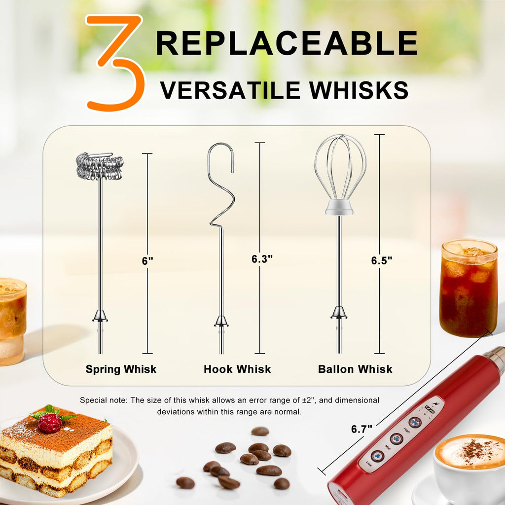 YUSWKO Handheld Milk Frother Wand for Coffee, Rechargeable Electric Whisk with 3 Heads 3 Speeds Drink Mixer Coffee Frother For Latte, Cappuccino, Hot Chocolate, Egg, Red