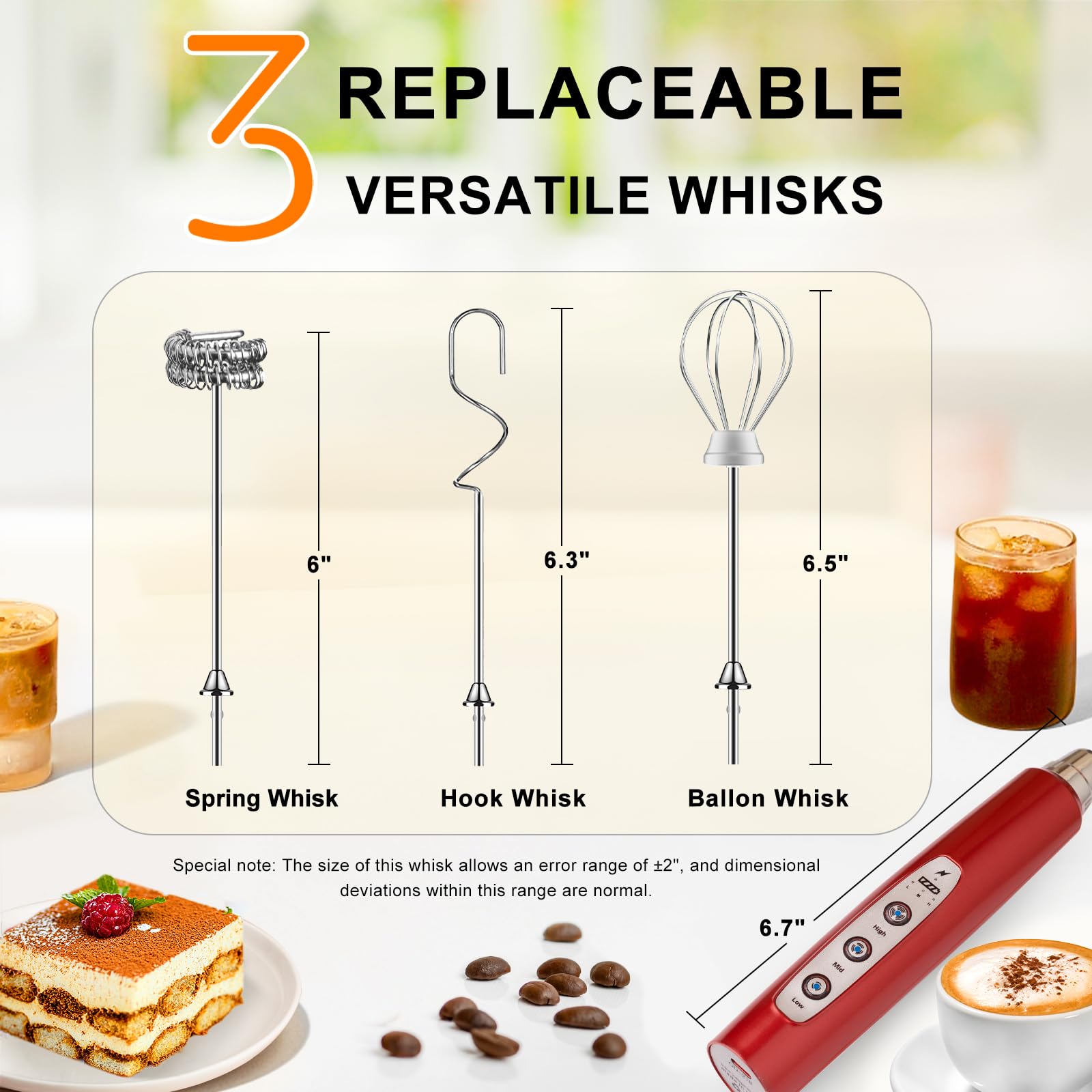 YUSWKO Handheld Milk Frother Wand for Coffee, Rechargeable Electric Whisk with 3 Heads 3 Speeds Drink Mixer Coffee Frother For Latte, Cappuccino, Hot Chocolate, Egg, Red