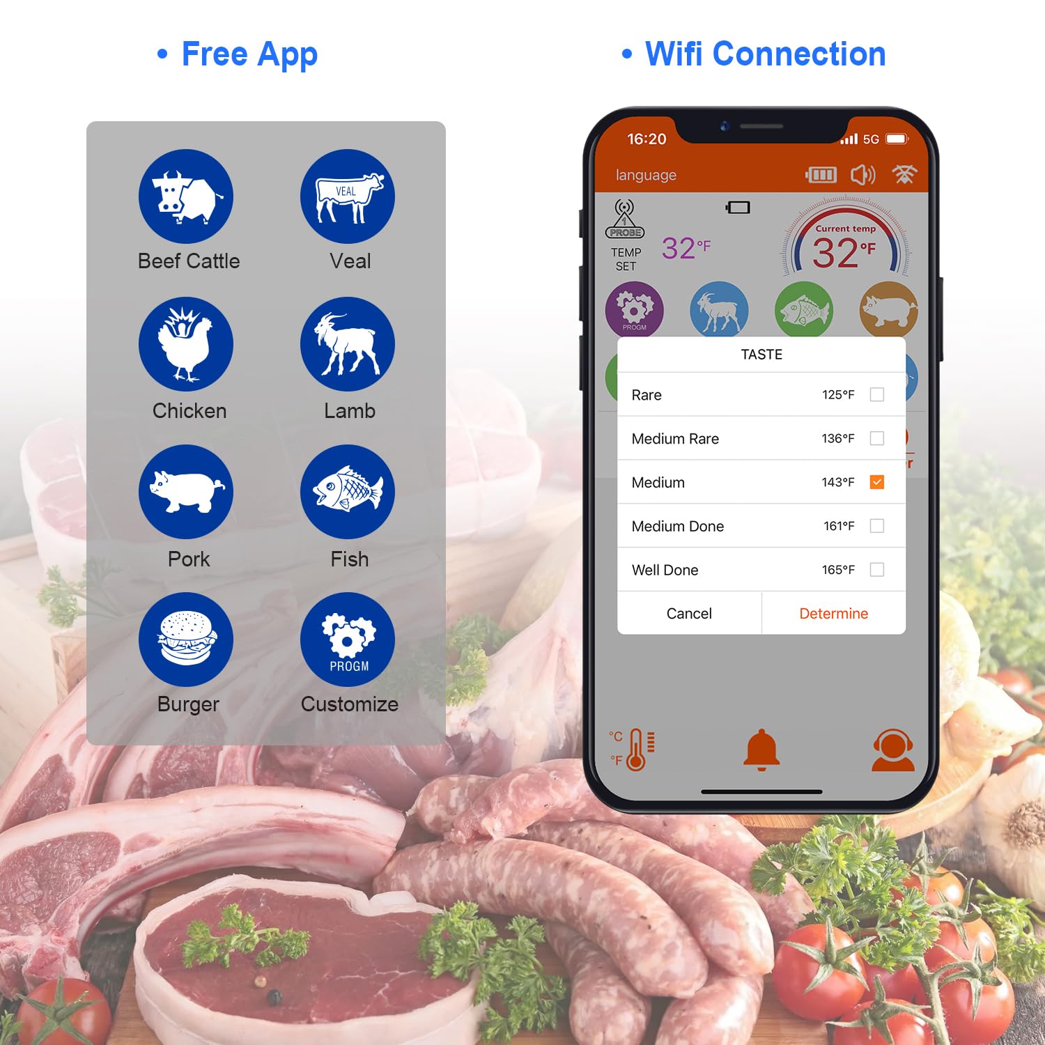 Wireless Meat Probe Thermometer with APP Control for BBQ Grill Smoker Oven