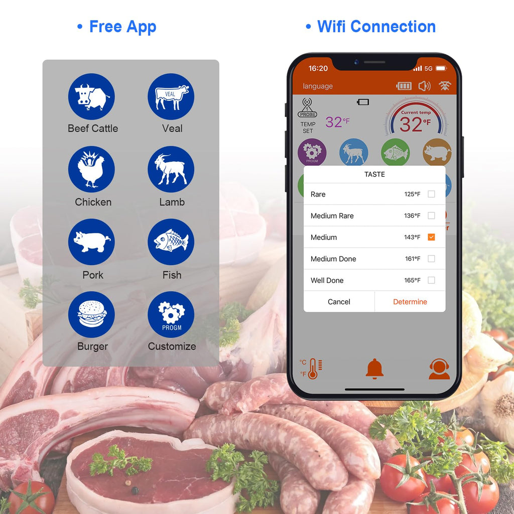 Wireless Meat Probe Thermometer with APP Control for BBQ Grill Smoker Oven
