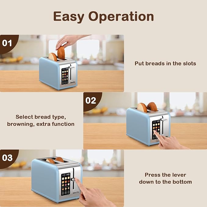 Mecity 2 Slice Touch Screen Toaster, 1.5" Wide Slot, Stainless Steel Smart Toaster for Bagels, Muffins, Waffles, Gluten-Free Breads, Defrost, Reheat, Timer, 120V 825W, Ice Blue