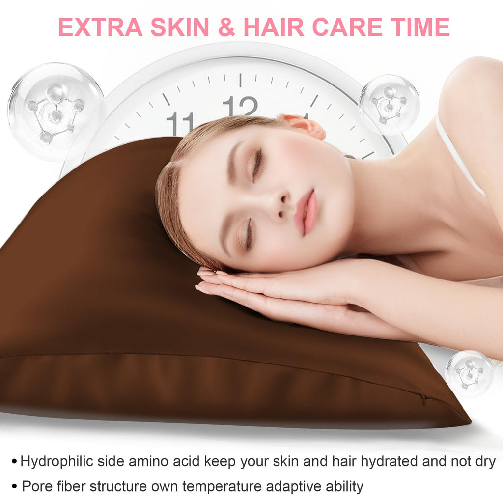 LYSHIN Silk Pillow Cases 2 Pack King Size with Zipper, Brown