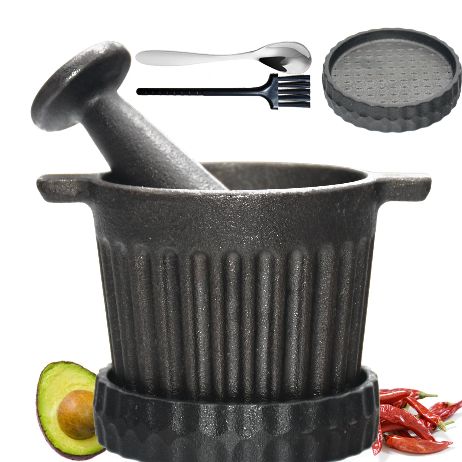Aurionix Cast Iron Mortar and Pestle Set with Grater Plate, Brush and Spoon