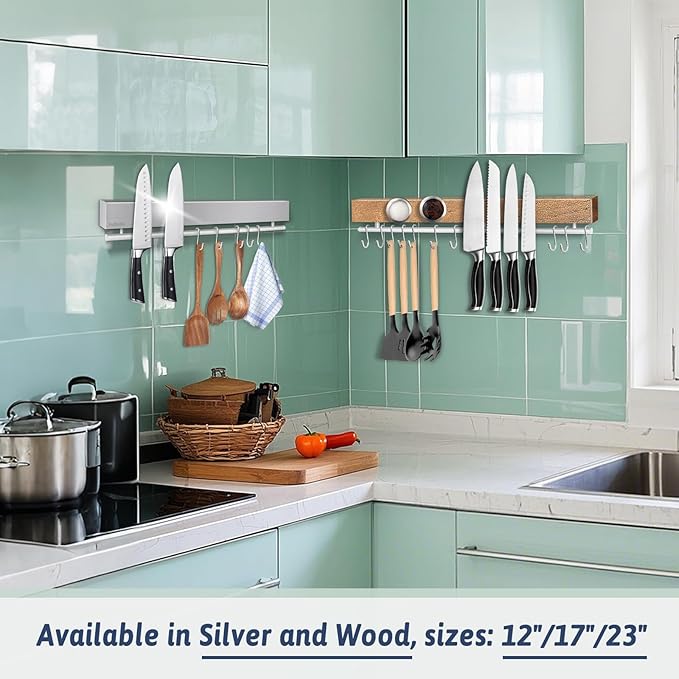 23 Inch Magnetic Knife Holder for Wall - Pailexin Wooden Magnet Knife Strip No Drill with 15 Hooks/Adhesive Tape/Screws, Kitchen Utensil Holder, Magnetic Knife Organizer, Wall Mounted Knife Storage