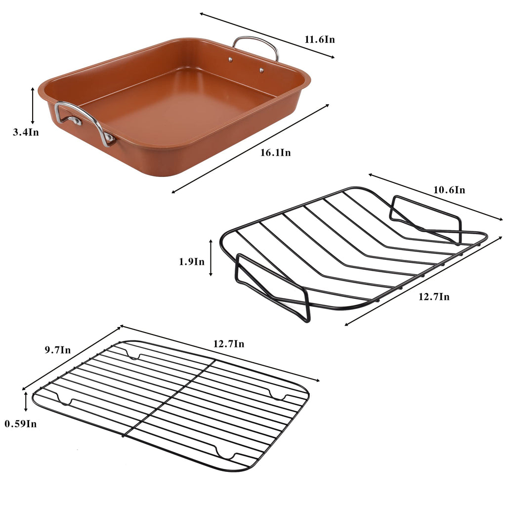 KitCom Nonstick Roasting Pan, Roaster with Cooling Rack and V-Rack - 16 Inch Rectangular Turkey Roaster Lasagna Pan for Easter, Thanksgiving & Christmas, Dishwasher Safe, Bronze