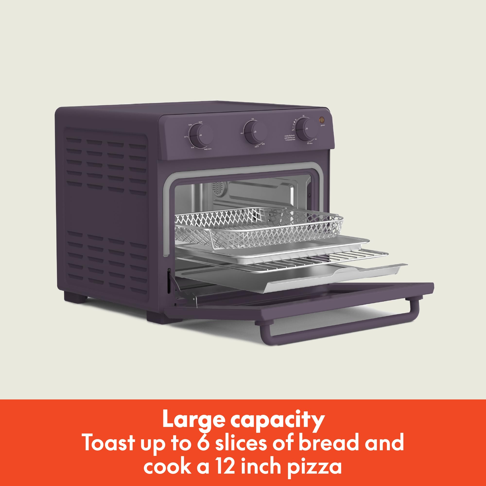 bella Air Fry Toaster Oven, 7 Preset Cooking Options, Dishwasher-Safe EverGood Coated Trays Included, 60-Minute Auto Shutoff w Audible Timer, Power Indicator Light, 1700 Watt, Plum