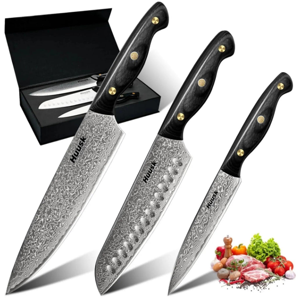 Huusk Damascus Chef Knife Set 3 PCS - Santoku Knives Set
