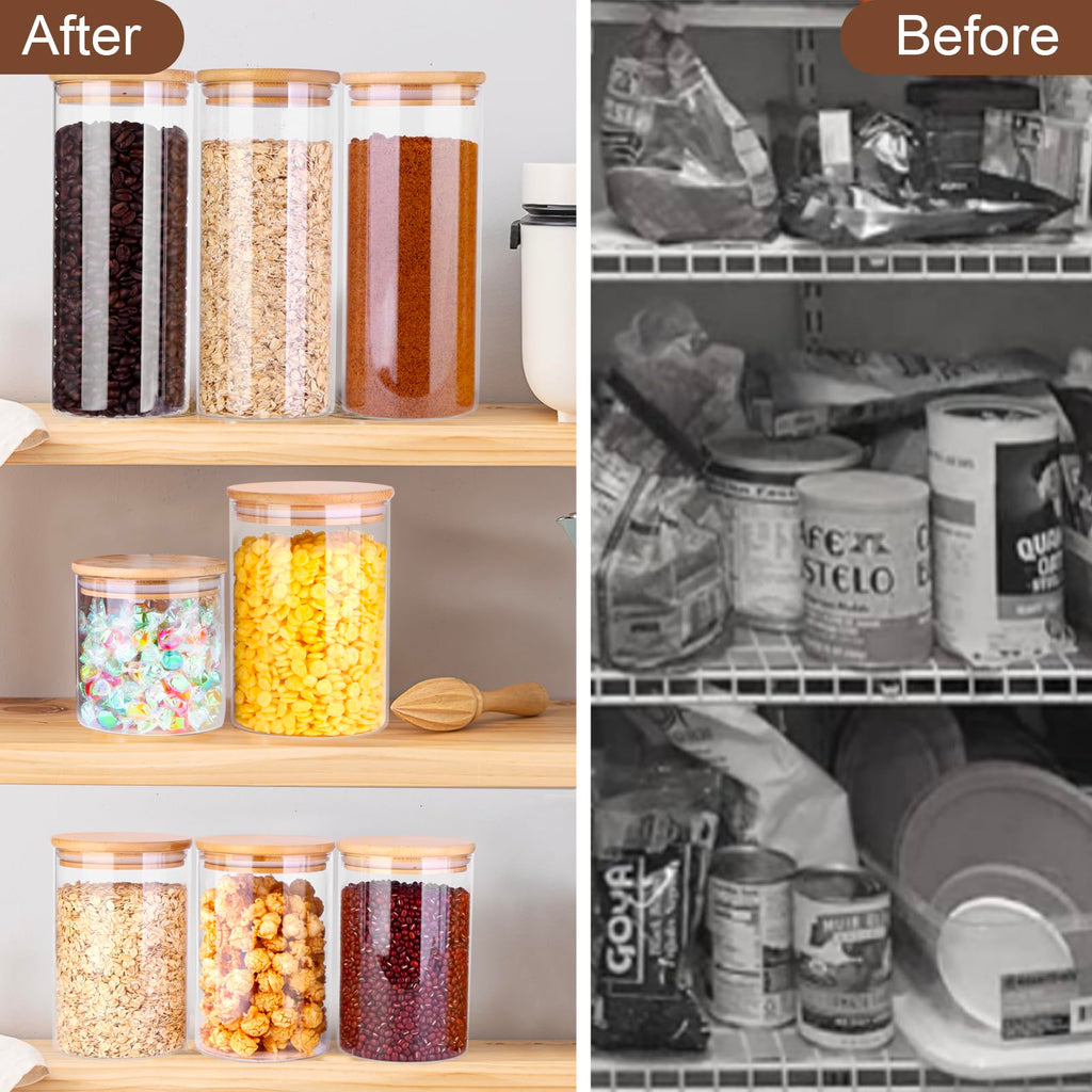 PUSCRIENO Glass Food Storage Jars, Food Containers with Airtight Bamboo Lids for Pasta, Cookies, Nuts, Coffee Beans, Cereal, Glass Canisters for Kitchen, Pantry Organization,Set of 5
