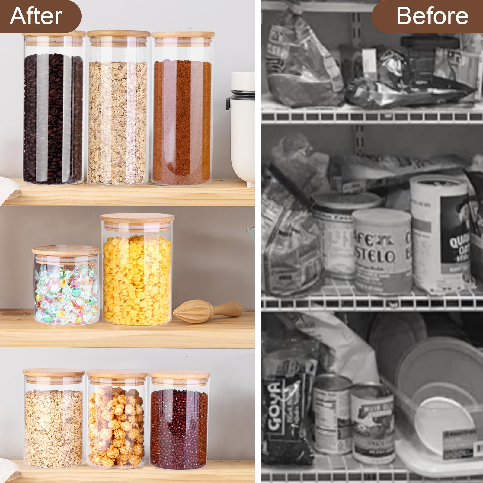 PUSCRIENO Glass Food Storage Jars, Food Containers with Airtight Bamboo Lids for Pasta, Cookies, Nuts, Coffee Beans, Cereal, Glass Canisters for Kitchen, Pantry Organization,Set of 5