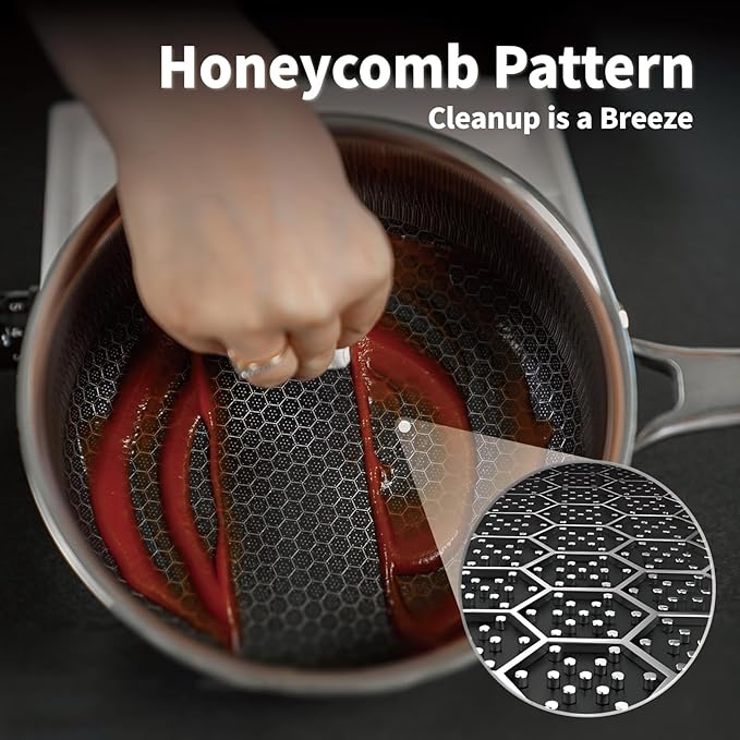 Hybrid Nonstick 1.5 QT Saucepan with Lid, Stainless Steel Honeycomb Pot with Two Pour Spouts,Compatible with All Cooktops,Dishwasher and Oven Safe