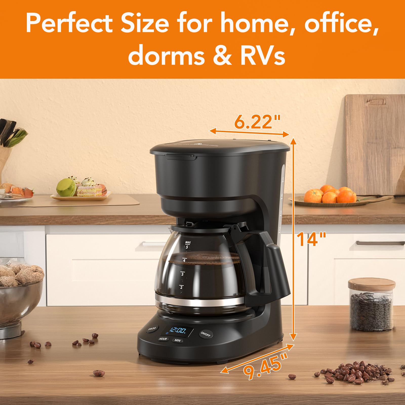 Electactic 5-Cup Programmable Drip Coffee Maker, a compact coffee machine with a digital clock and 24-hour programmable timer, featuring Auto Shut-Off, and a Removable Filter Basket for Home & Office.