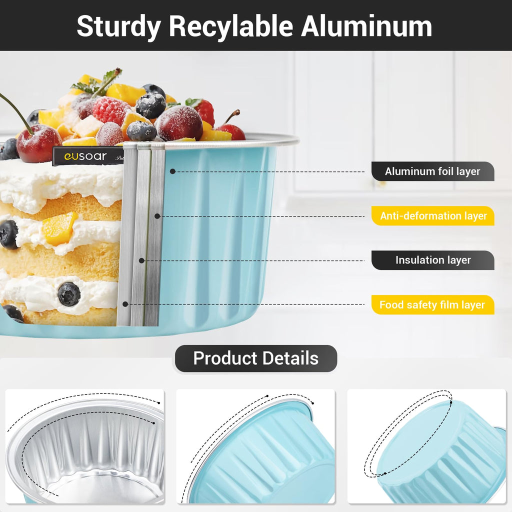 EUSOAR Cake Baking Cups, 100pcs 5oz 125ml Muffin Liners Cups with Lids Disposable Foil Ramekins, Aluminum Cupcake liners Foil Creme Brulee Baking Cups Pudding Cups Holders Pans Oven Safe