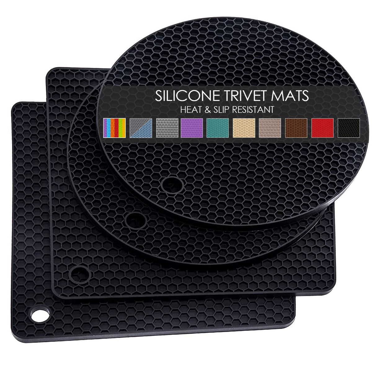 Silicone Trivets for Hot Pots and Pans, 3 Pack Heat Resistant Pot Holders for kitchen Large Silicone Trivet Mat for Hot Dishes, Black Hot Pads for Kitchen Counter, Hot Mats Spoon Rest, 9 * 12 Inches