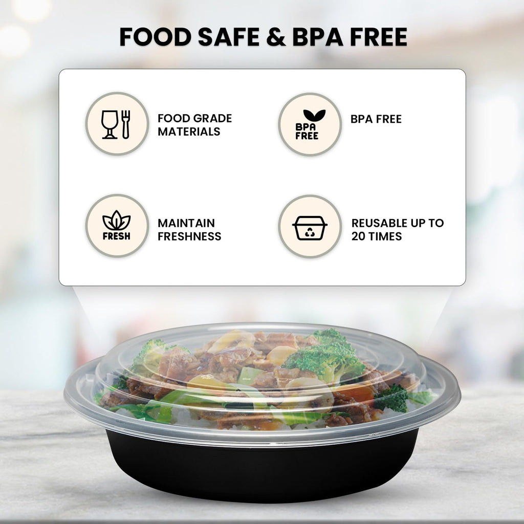 Klex 48 Oz, 150 Sets Meal Prep Containers with Airtight Lids, BPA Free, Reusable Plastic Food Container, 48 oz, Round, Black/Clear, 150 Sets