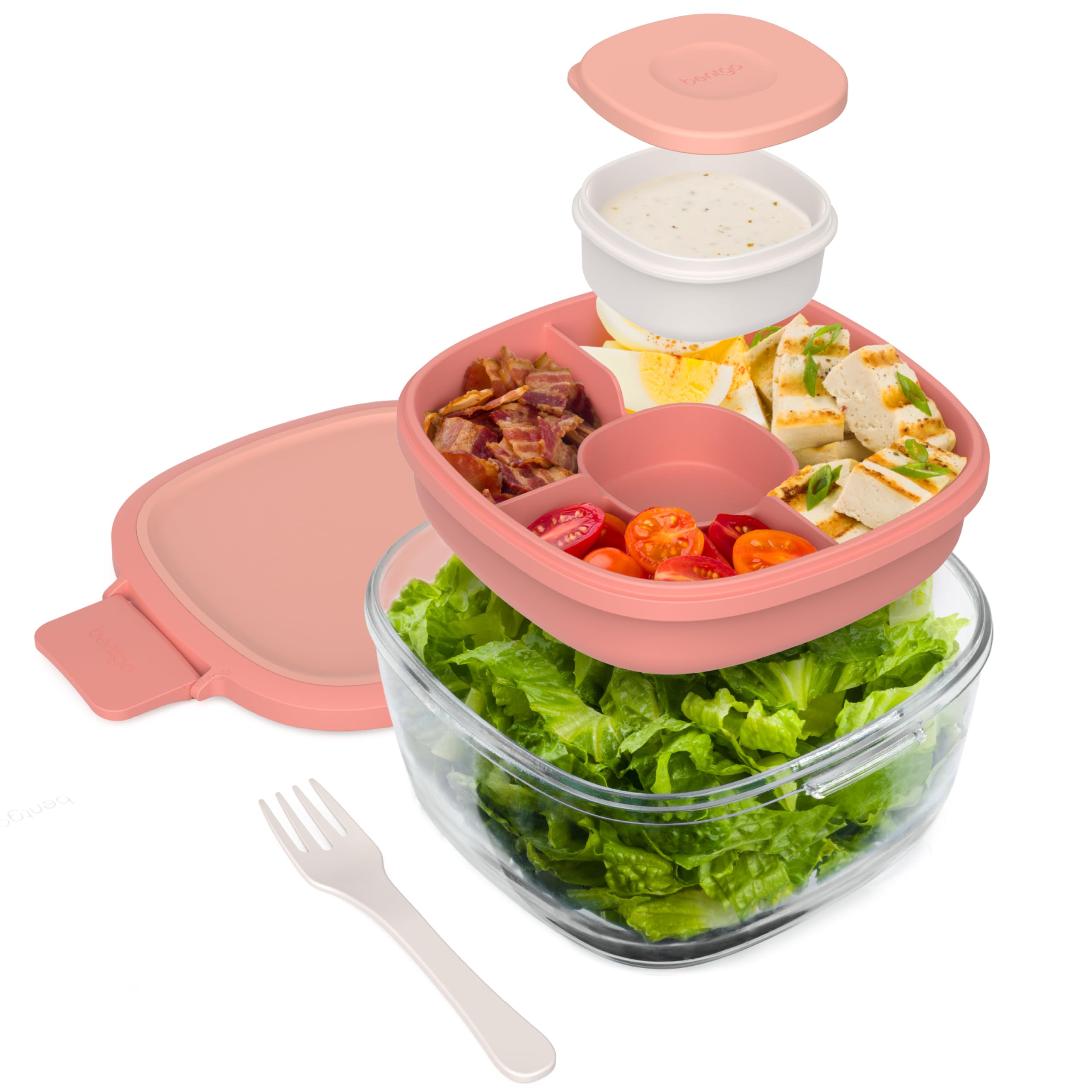 Bentgo Glass Salad Container with Airtight Lid & Leak-Proof Sauce Cup