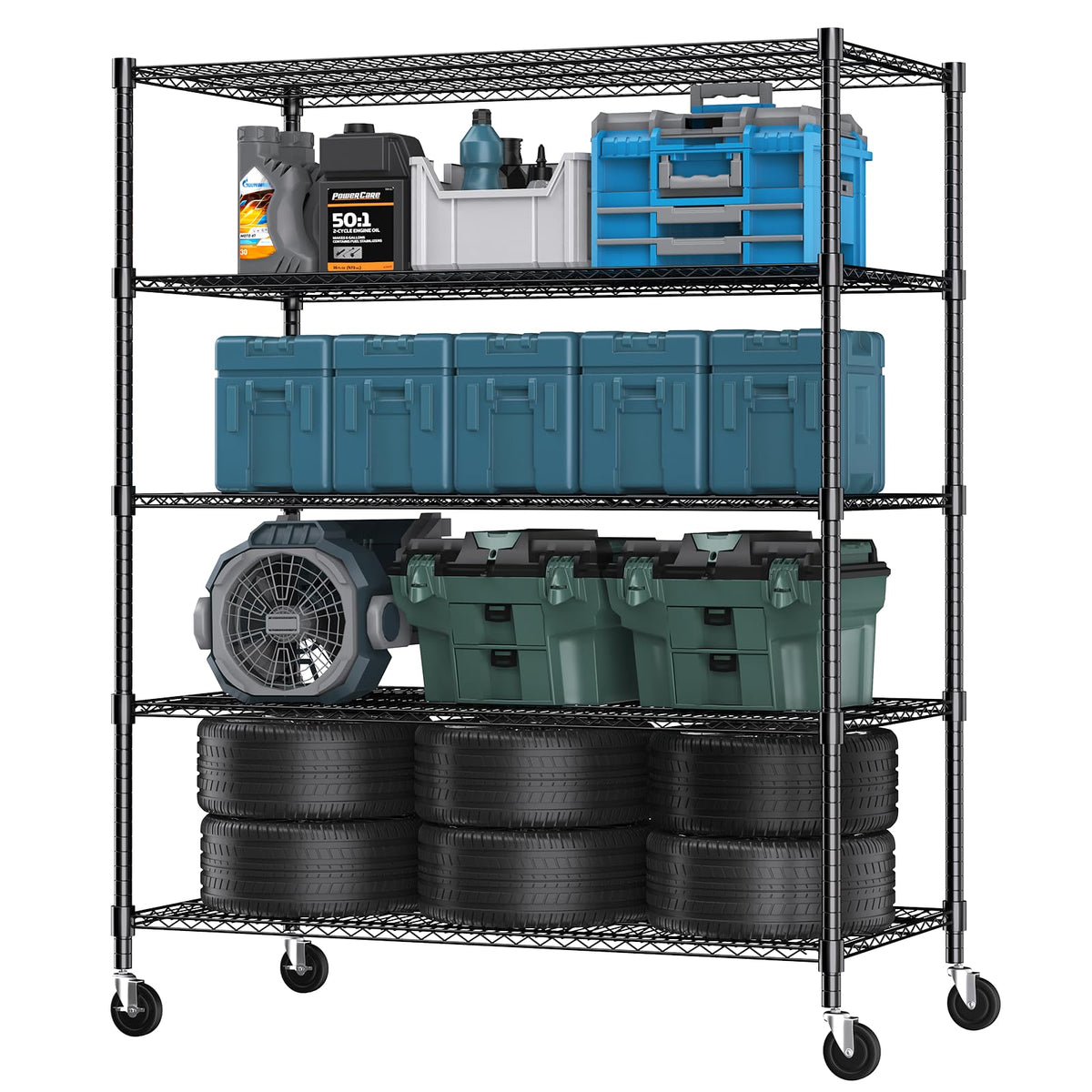 Himimi 72" H Storage Shelves 4 Tier Metal Shelving Adjustable Wire Shelf with Wheels, Heavy Duty Shelving for Garage Kitchen Pantry Bathroom Laundry 18" D*48" W*72" H, Black