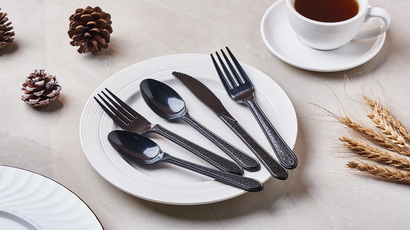 JALUXING [300 Combo Box] Black Plastic Forks Spoons Knives Heavyweight Utensils Disposable Silverware Heavy Duty Cutlery Set