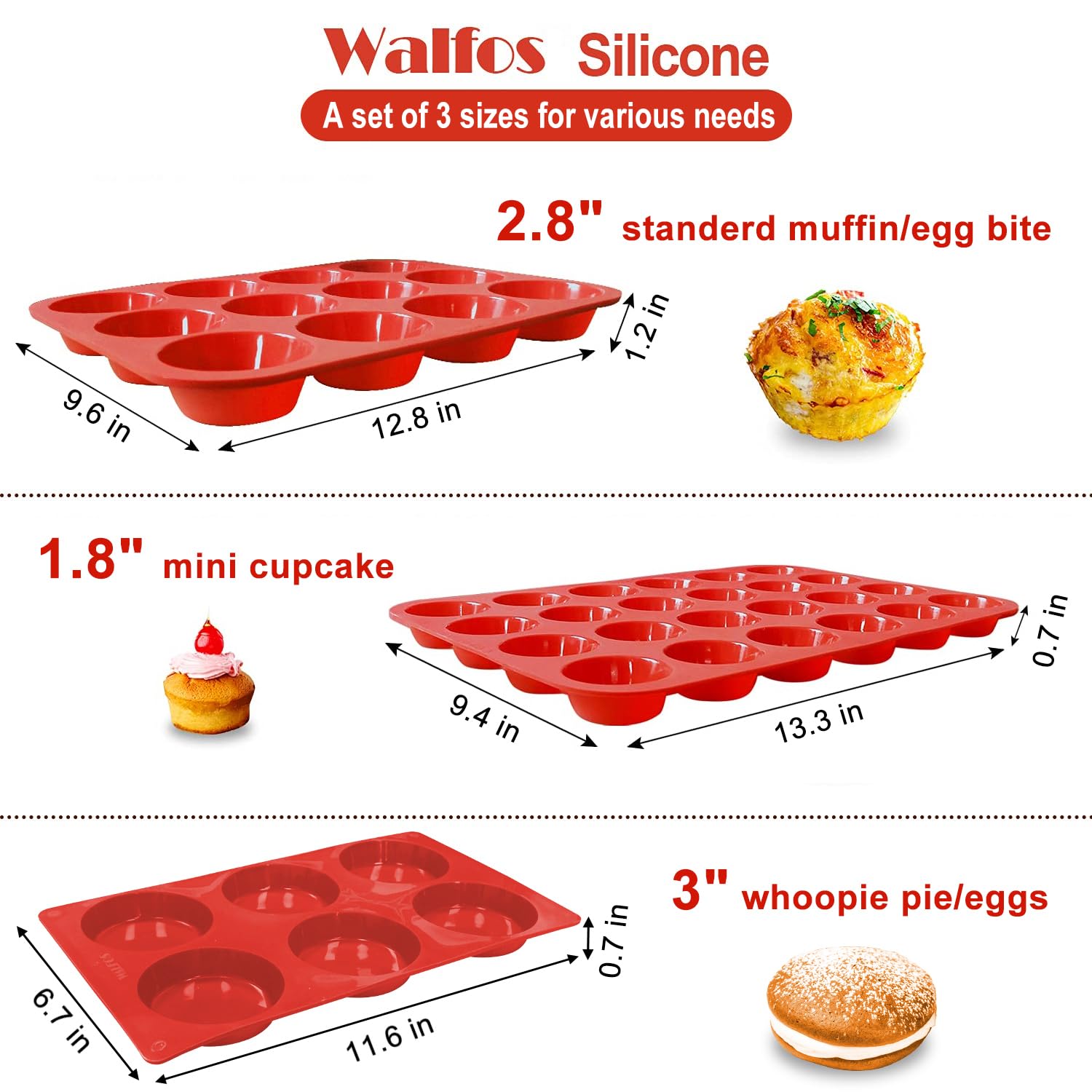 Walfos Silicone Muffin Pan Set of 3, Including Regular 12 Cups Muffin Pans, 24 Cups Mini Muffin Pan & 6 Cups Muffin Top Pan, Non-Stick Cupcake Pan, Easy to Pop Out & Dishwasher Safe