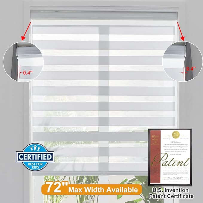 Persilux Cordless Zebra Roller Window Shades Free-Stop Roller Blinds (32" W X 72" H, White) Light Control for Day and Night, Light Filtering Sheer Roler Shades for Windows, Easy to Install