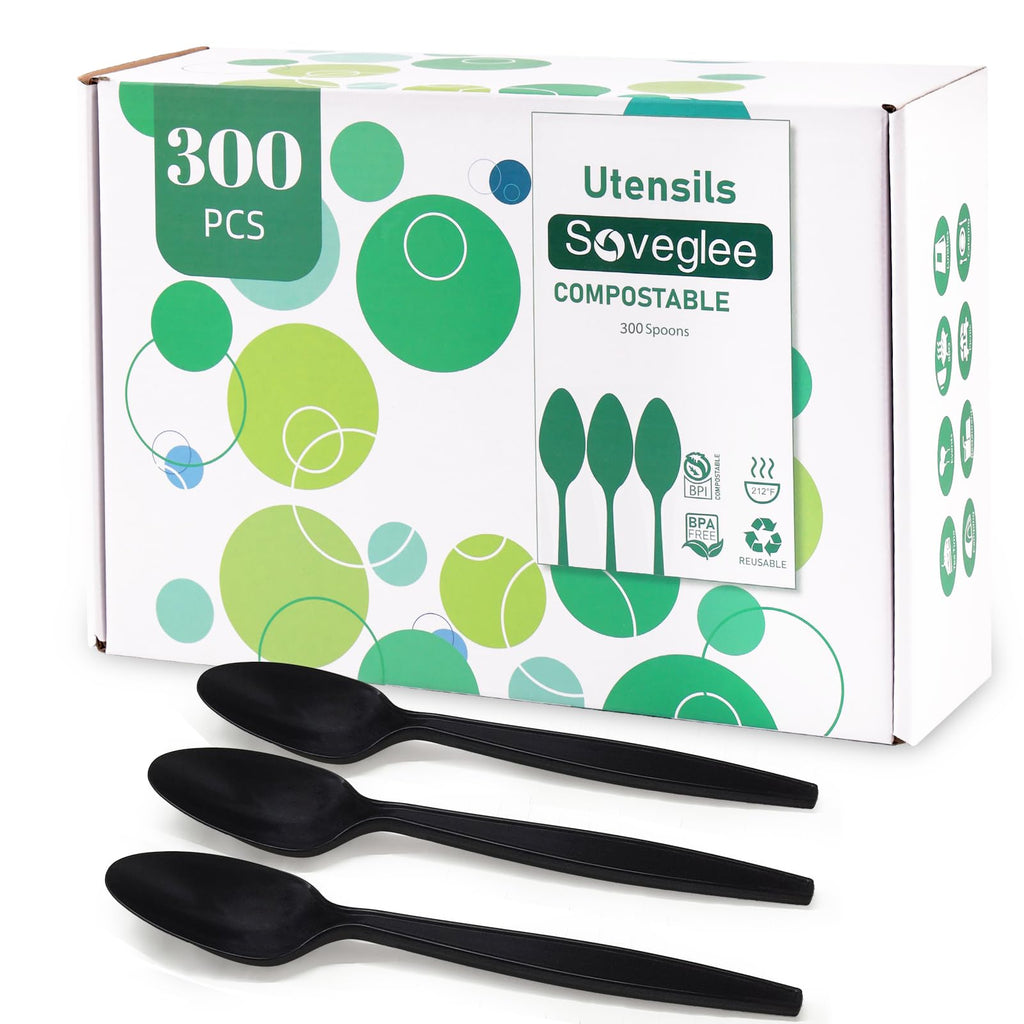 100% Compostable Spoons, 300 Disposable Spoons, Black No Plastic Spoons, BPA-Free Heavy Duty Disposable Utensils, Ecofriendly Compostable Cutlery for Party Wedding Picnic