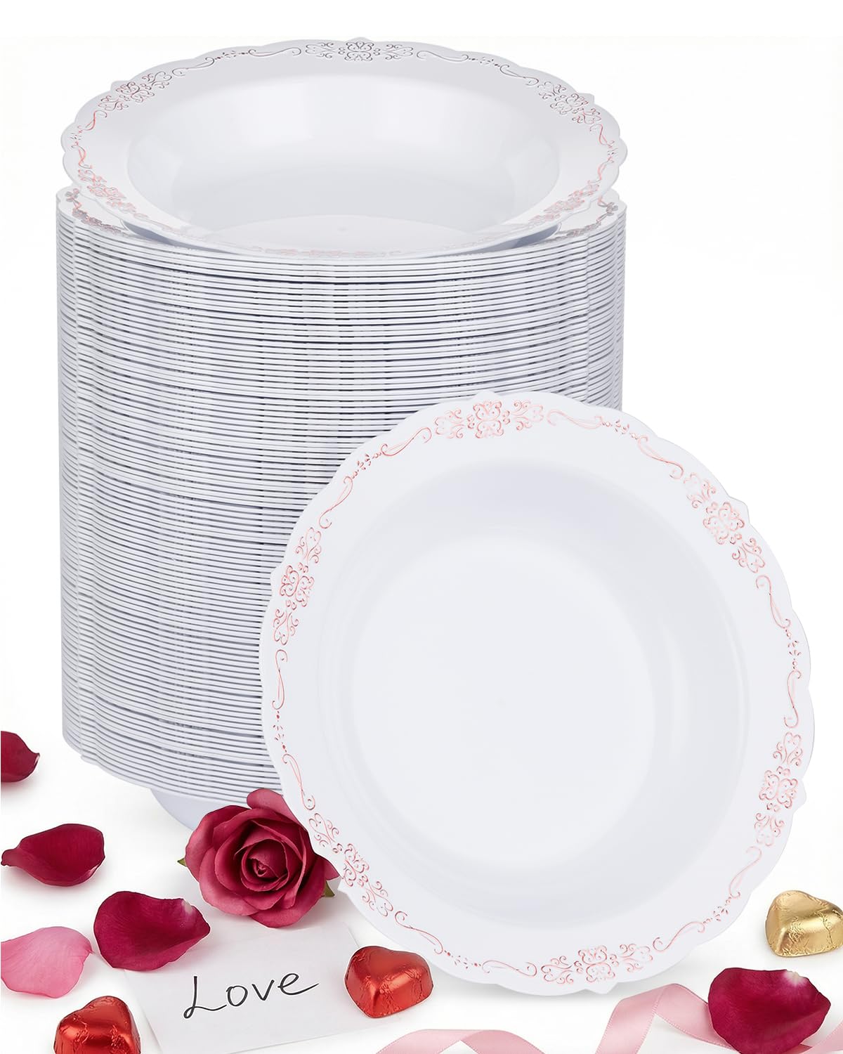 Bestluck 100 Pack White Plastic Bowls with Rose Gold Rim