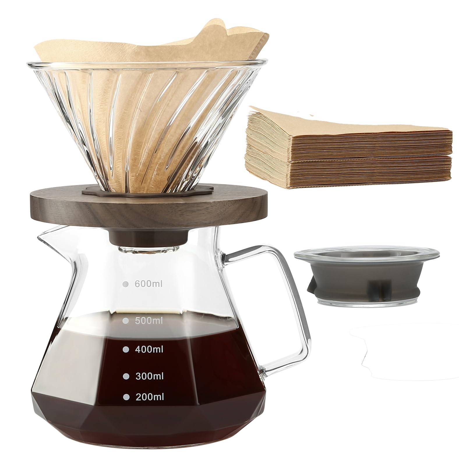 Lalord Pour Over Coffee Maker, 20 oz Borosilicate Glass Carafe with 100 pcs V60 Paper Filter, Walnut Handle & Glass Lid, Drip Coffee Maker for Home Café Restaurant Camping, 600 ml, Clear