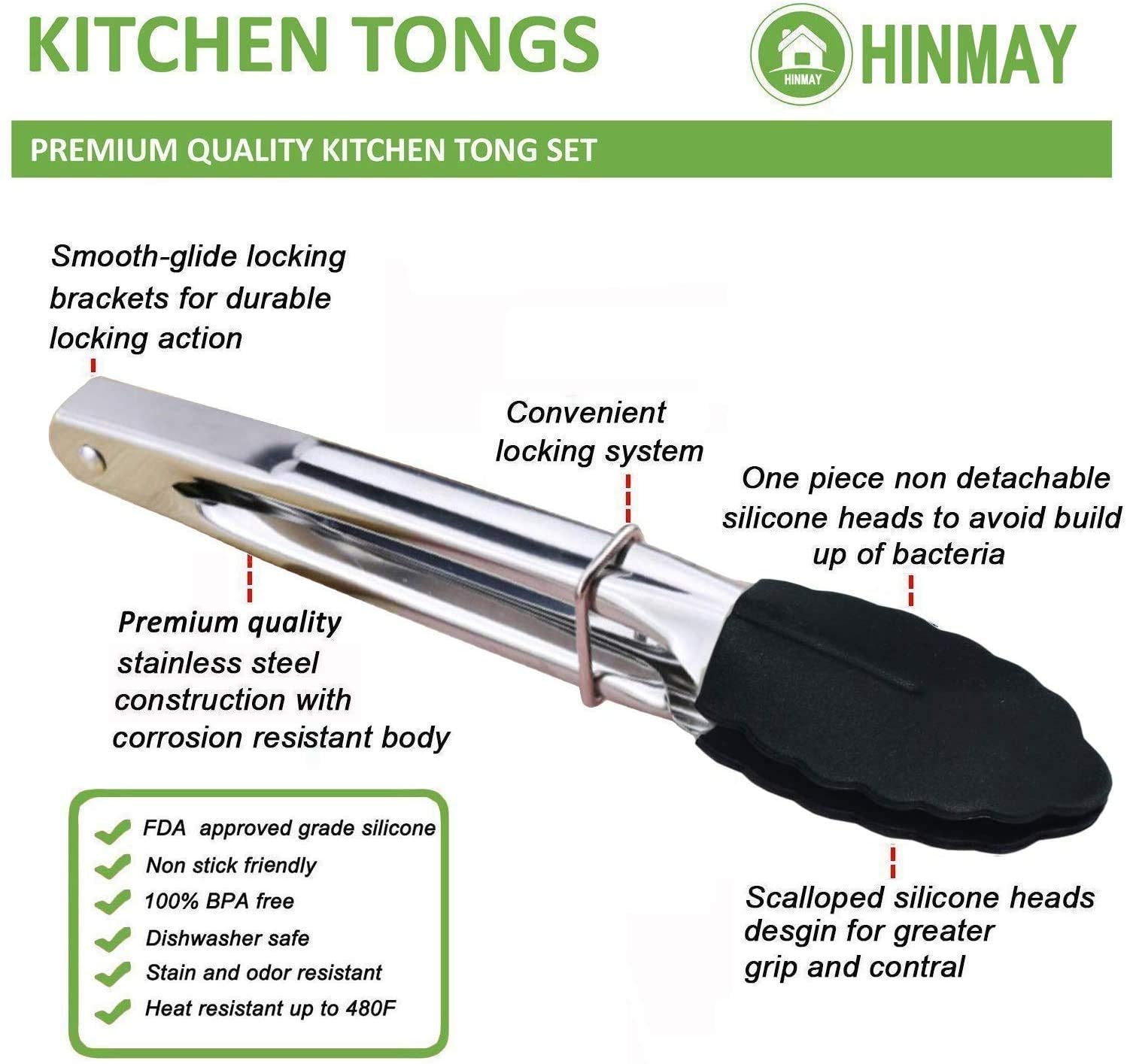 HINMAY Mini Tongs with Silicone Tips 7-Inch Kitchen Tongs, Set of 3 (Black)