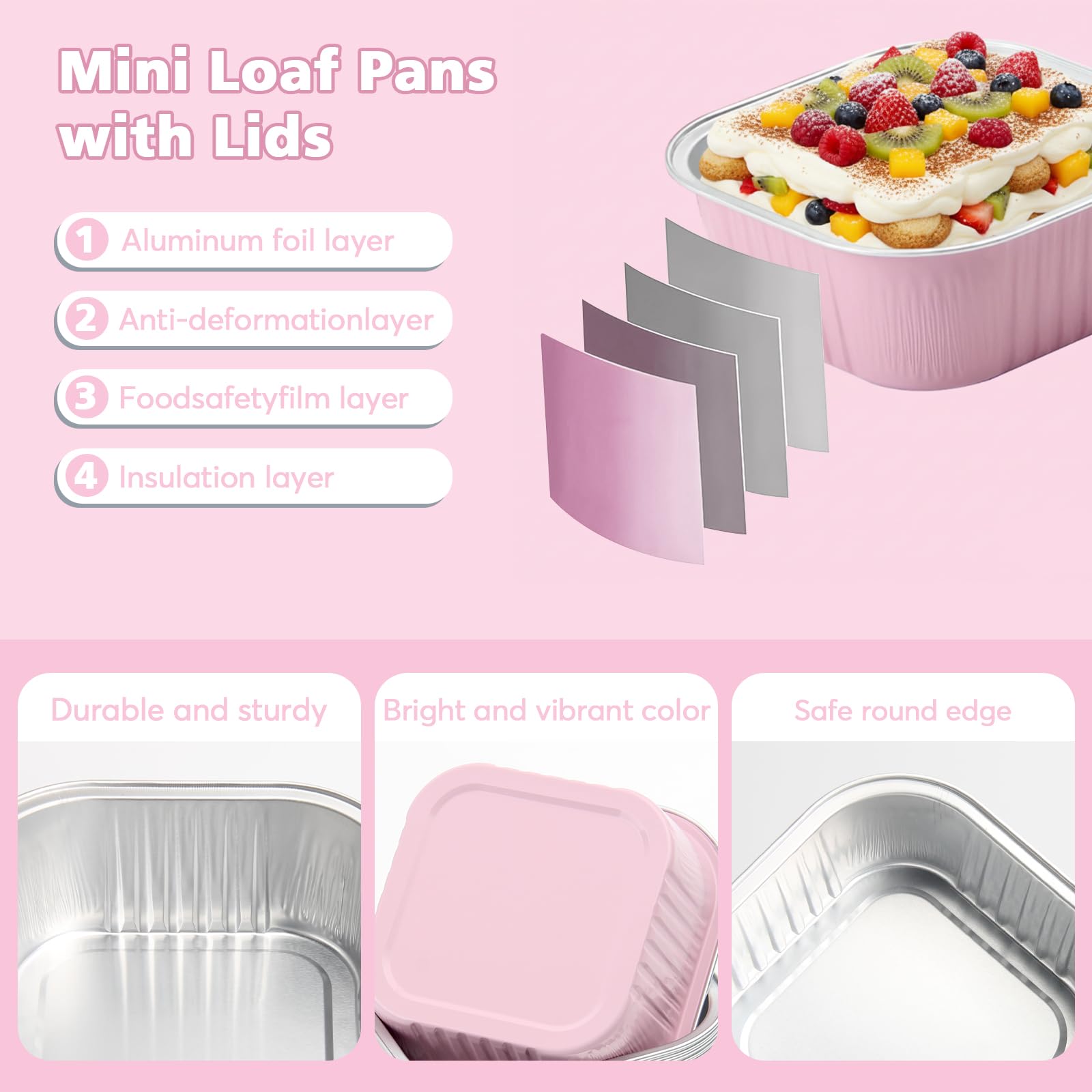 Ruckae 5oz 100 Pcs Square Mini Loaf Pans with Lids-Disposable Foil Dessert Containers,Mini Cake Pans with Lids,Aluminum Dessert Cups for Parties and Weddings (Pink, 5oz)