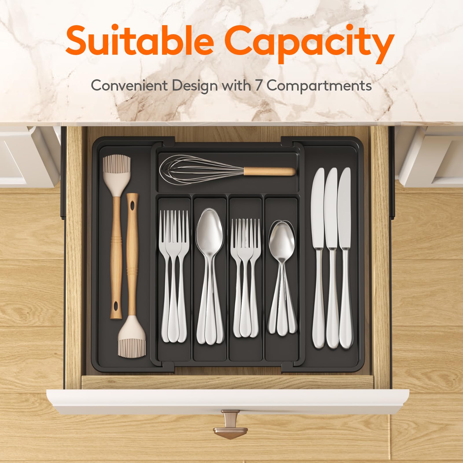 Lifewit Expandable Silverware Organizer, Plastic Utensil Tray for Kitchen Drawer, BPA Free Flatware Cutlery Holder, Space-Saving Storage for Spoons Forks Knives, 8-13.8 x 11.2 x 1.4 inch, Black