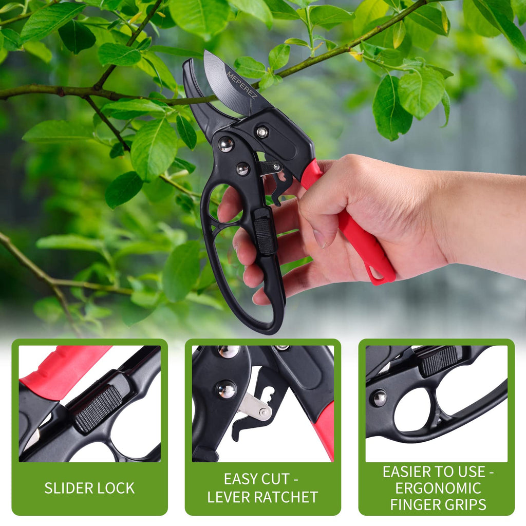 MEPEREZ Premium pruning shears for gardening, Work 3 times easier, Pruners heady duty, Sharp garden clippers cuting florist flower, hedge, herb, rose, Indoor live plants, Arthritis weak hand snips