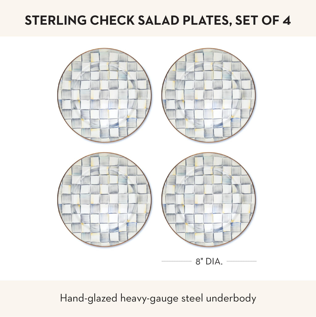 MACKENZIE-CHILDS Enamel Salad and Dessert Plate, Small Plate for a Dessert or Appetizer Dish, 8 Inches, Set of 4, Gray-and-White Sterling Check
