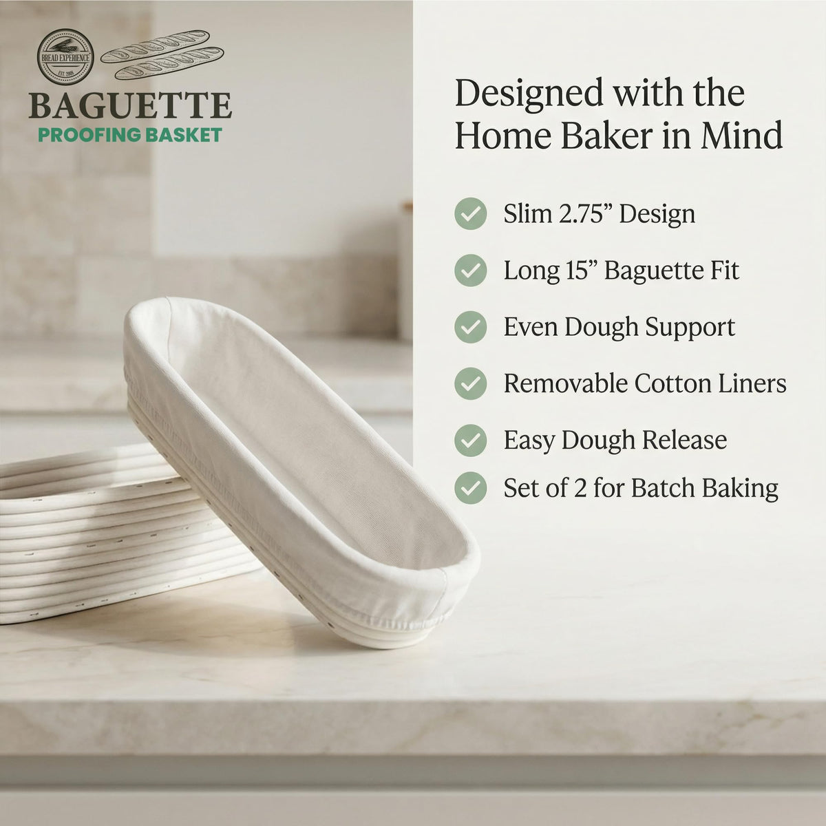 15 Inch Baguette Proofing Basket Set of 2 for Sourdough & French Bread
