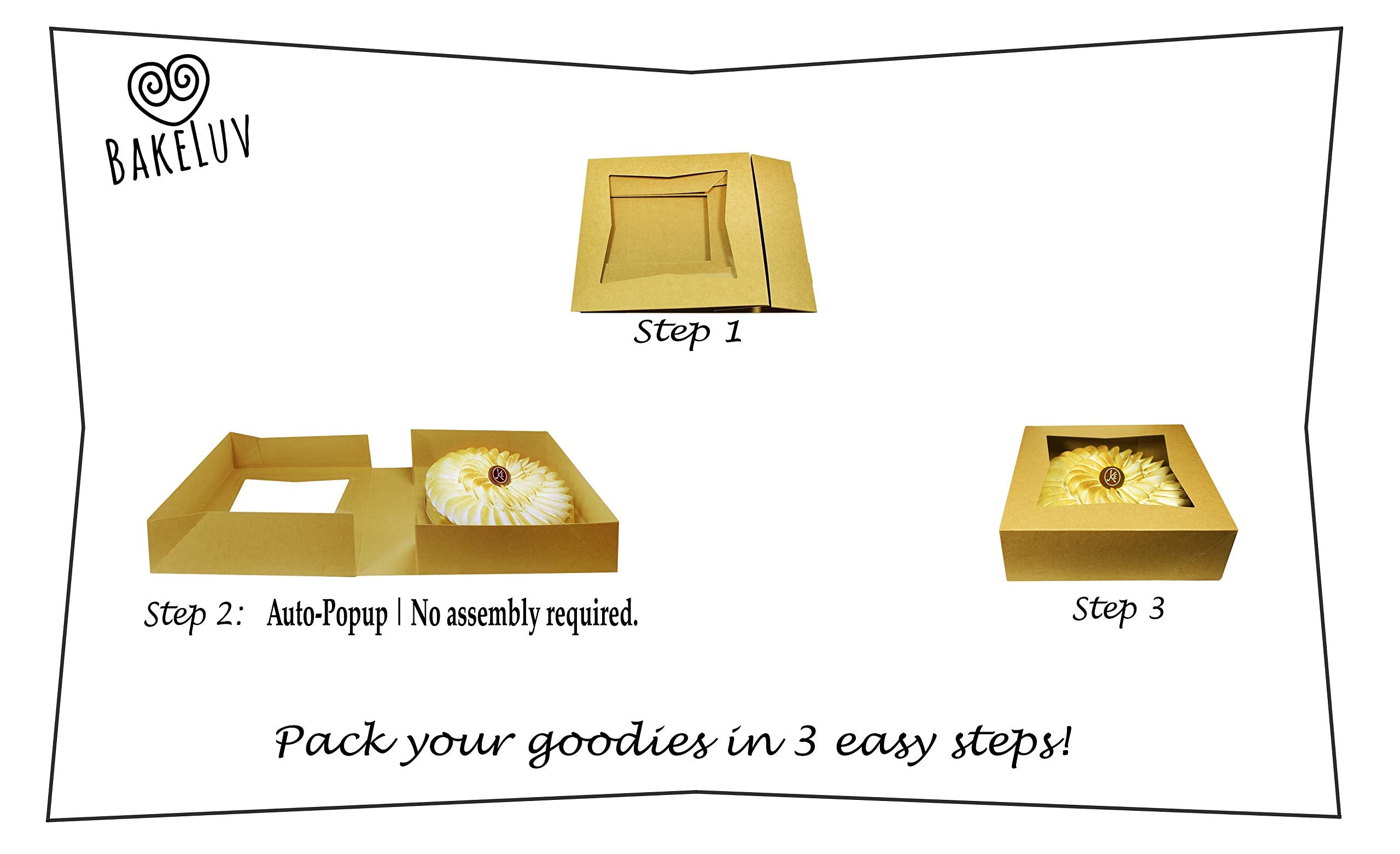 BAKELUV Pie Boxes for 9 Inch Pie | Brown, 25 Pack | 9x9x2.5 Bakery Box with Window, 9x9 Cookie Box, 9 Inch Pastry Boxes with Window Bulk, Cake Boxes, Auto Pop Up
