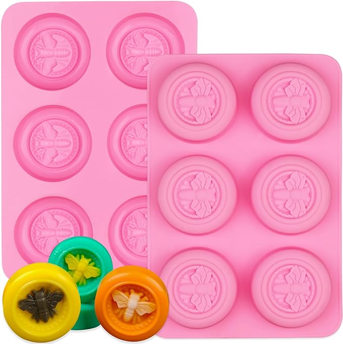 Sakolla 2 Pack Silicone Soap Molds, 6 Cavity Round Honeybee Silicone Molds for Homemade Soaps, Lotion Bar, Jello, Bath Bomb, Beeswax, Resin, Chocolate and Dessert (Pink)