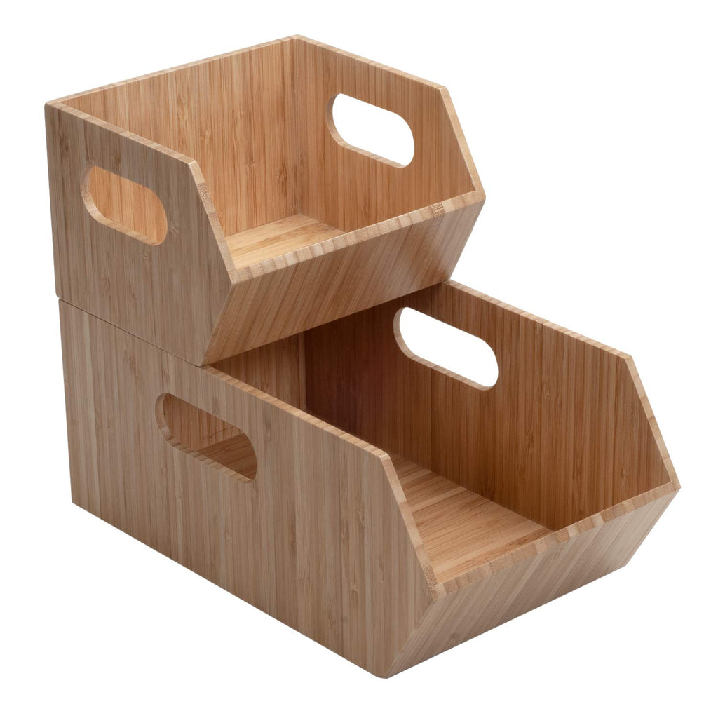 MobileVision Bamboo Storage Bins for Pantry & Kitchen Cabinet Organizer Multi-Purpose 2 PC Stackable Set for Canned Goods, Vegetables, Pouches, Boxed Meals & more