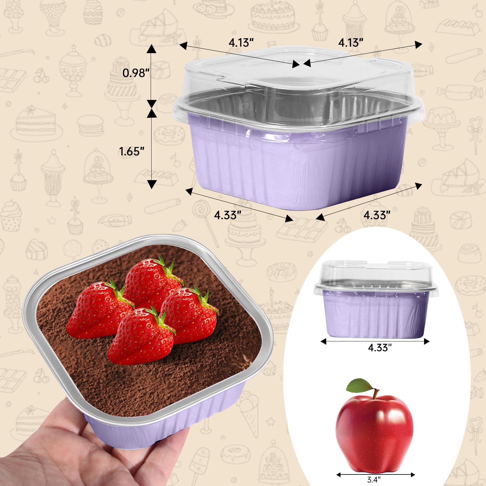 50 Pcs Mini Square Baking Cups with Lids,10oz Aluminum Foil Mini Cake Pans with Lids,Disposable Ramekins Cake Pans,300ml Dessert Cups Cupcake Pans for Wedding Birthday Party,Purple