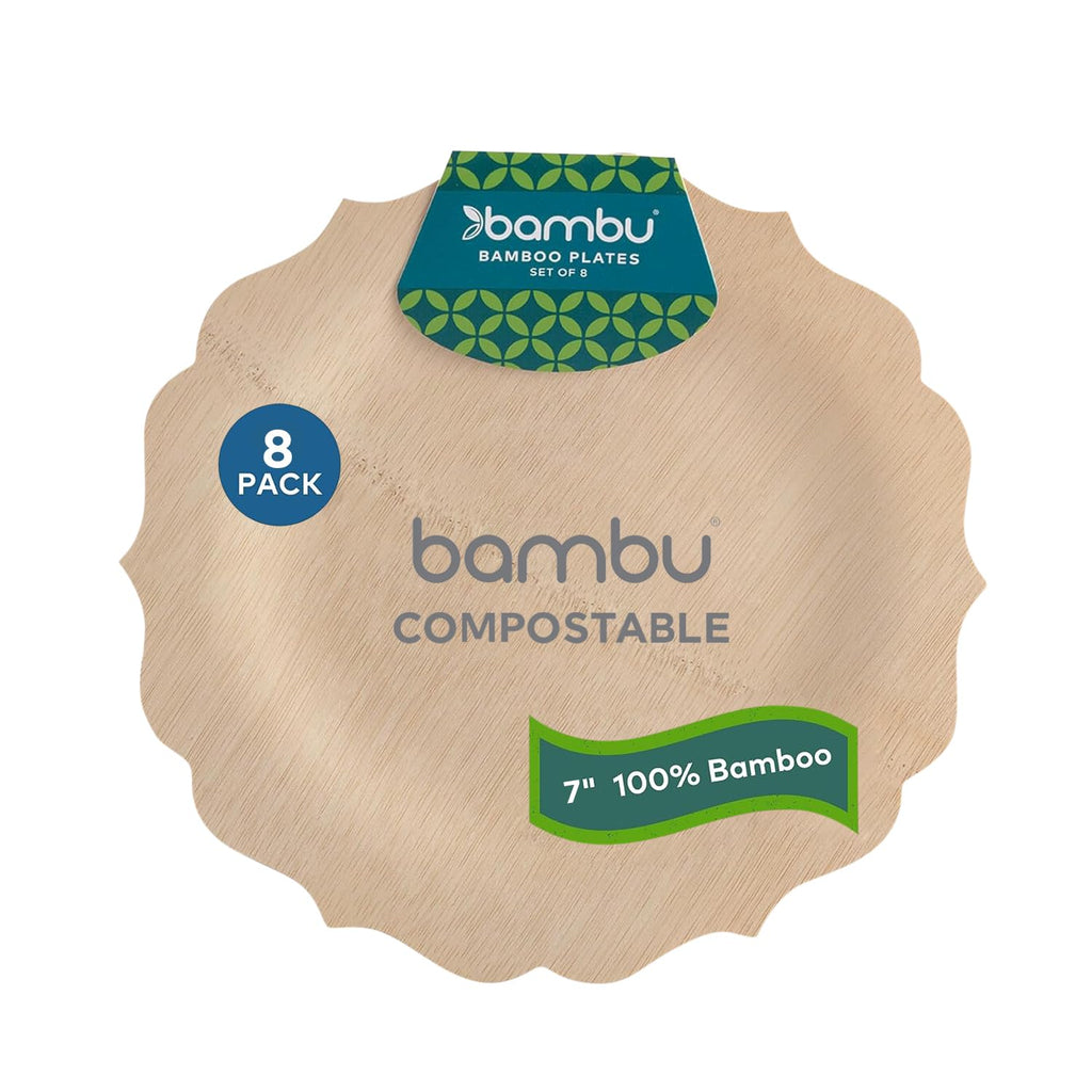 Bambu Pack of 8-7 Inch Disposable Bamboo Plates Fancy, Biodegradable Eco Friendly Products, Bamboo Disposable Plates for Events, Compostable Plates
