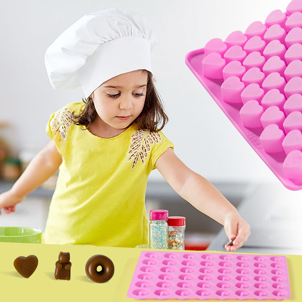 Gummy Candy Molds, 4 Pcs Silicone Chocolate Molds with 4 Droppers, Non-stick Candy Molds for Caramels, Ganache, Ice Cubes, Bone Bear Donut Heart Shape Included