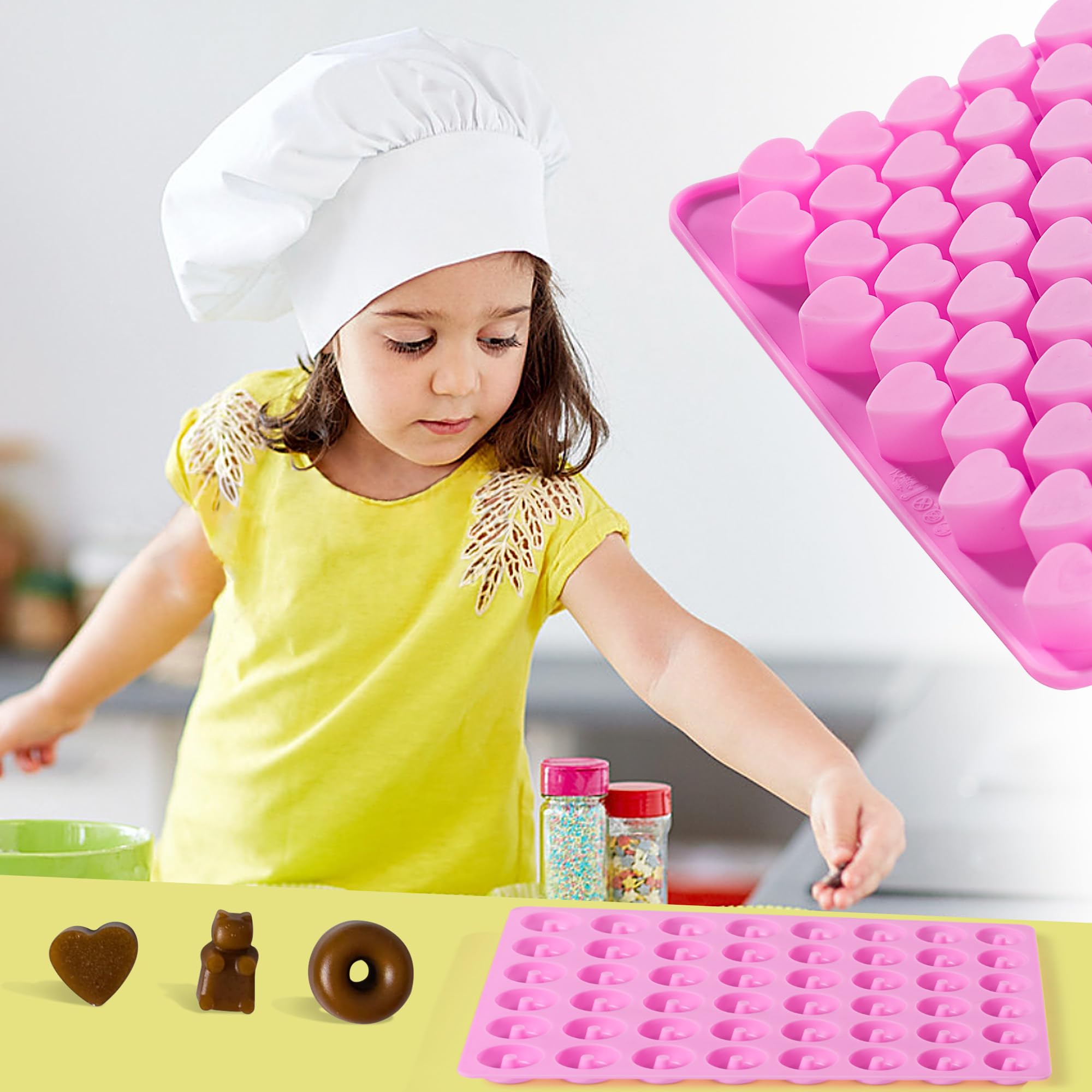 Gummy Candy Molds, 4 Pcs Silicone Chocolate Molds with 4 Droppers, Non-stick Candy Molds for Caramels, Ganache, Ice Cubes, Bone Bear Donut Heart Shape Included