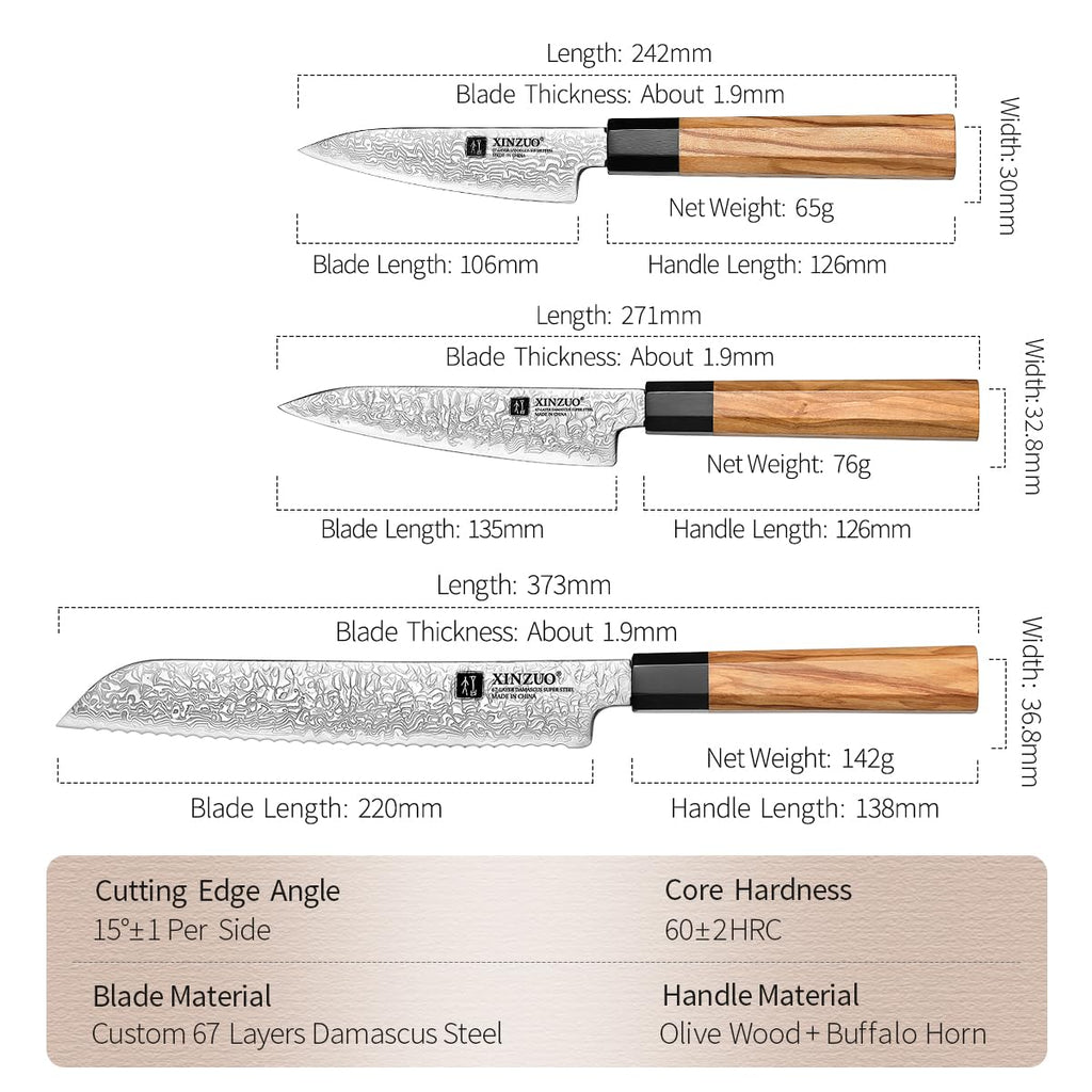 XINZUO 5 Pieces Kitchen Knife Set without Block, Hand Forged 67 Layers Damascus Steel Professional Chef Knife Set,Ultra Sharp,Olive Wood Octagonal Handle