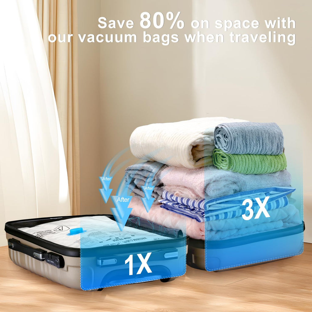 UPGOGO Vacuum Bags for Travel, 12 Pack with Hand Pump, Space Saver Vacuum Storage Bags, Travel Essentials, Clothes, Blankets, Pillows
