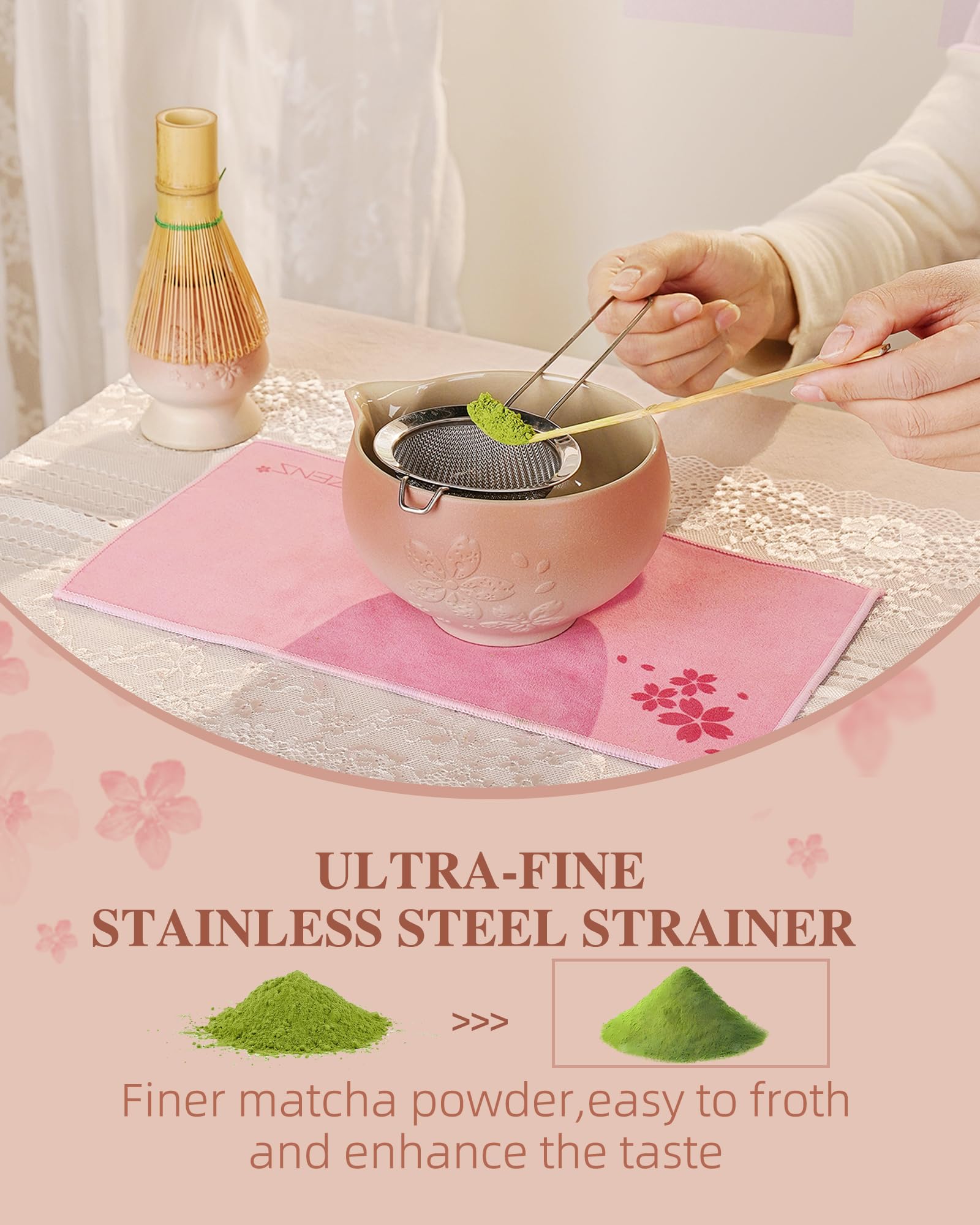 ZENS Matcha Whisk Set, 6pcs Matcha Kit Set with Matcha Bowl, Bamboo Whisk & Scoop, Chasen Holder, 304 Stainless Steel Sifter, Tea Mat for Japanese Tea Ceremony- Pale Pink