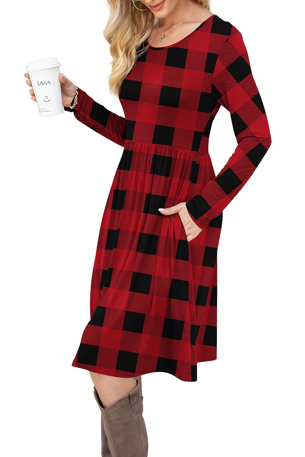 DB MOON 2026 Women Casual Long Sleeve Fall Dresses Empire Waist Knee Length Loose Dress with Pockets (Red Plaid, L)