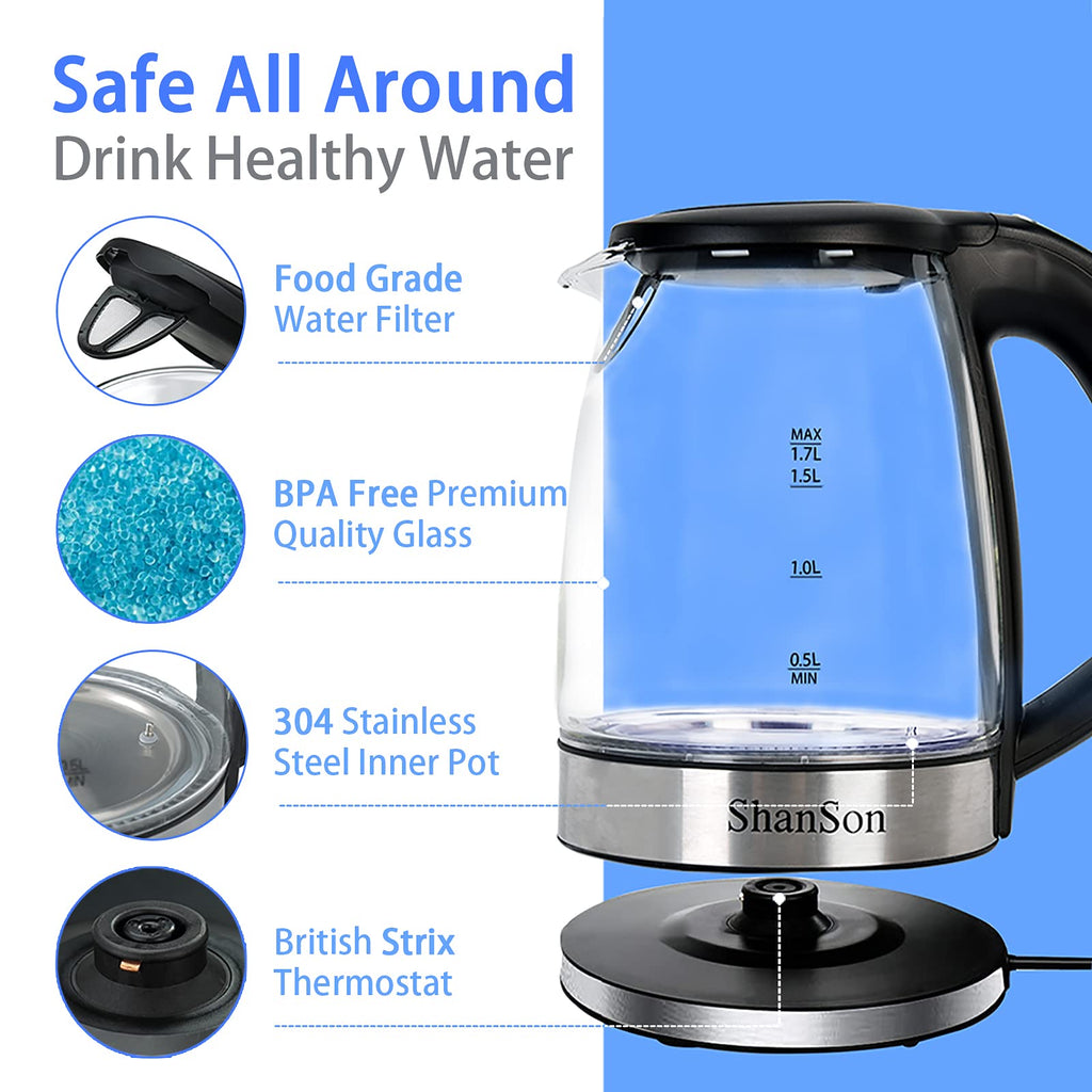 ShanSon 1.7L Electric Glass Kettle 1500W Temperature Control Fast Water Boiler BPA Free Auto Shut-off Protection Electric Teapot with Led Touch Screen and Two-year Quality Guarantee