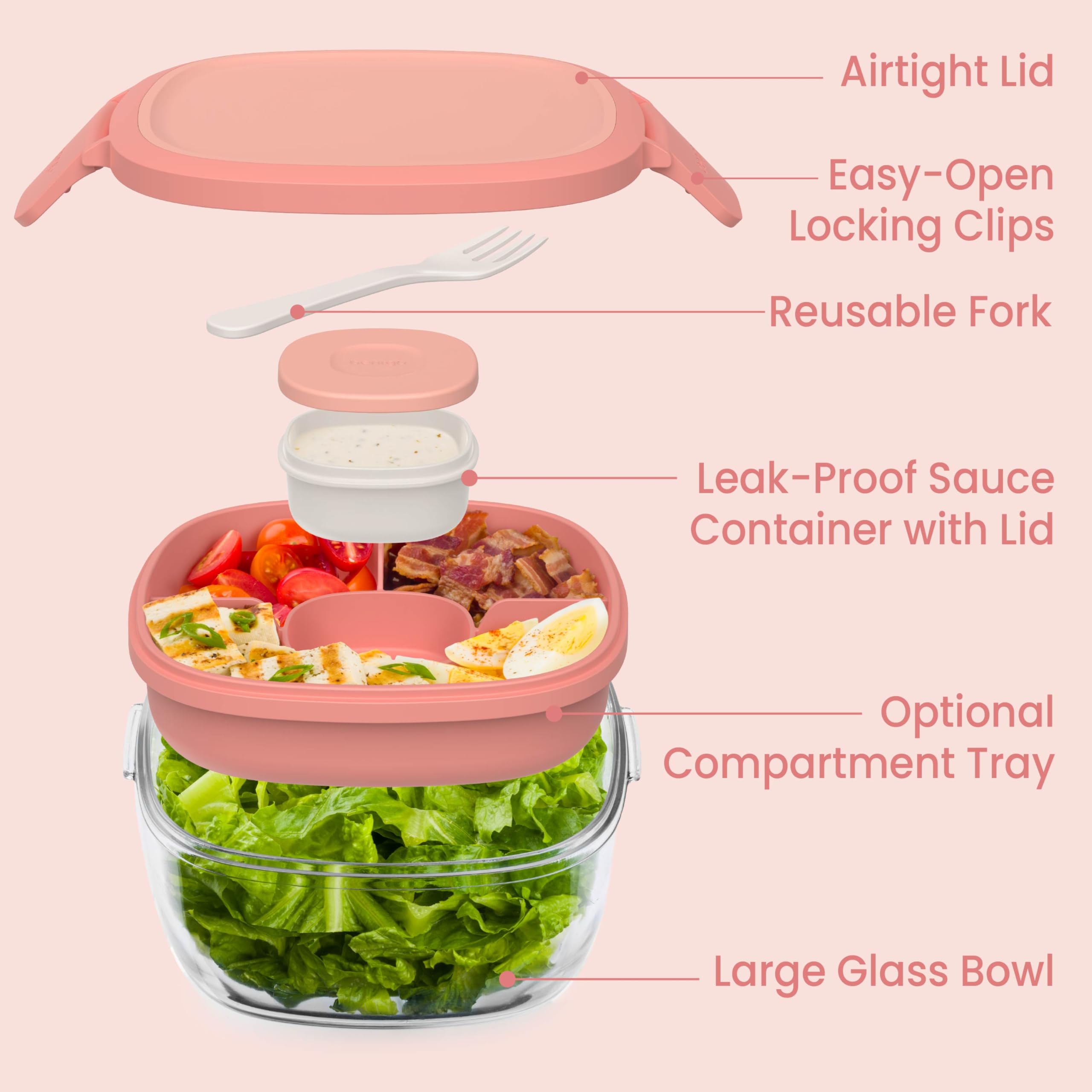Bentgo Glass Salad Container with Airtight Lid & Leak-Proof Sauce Cup