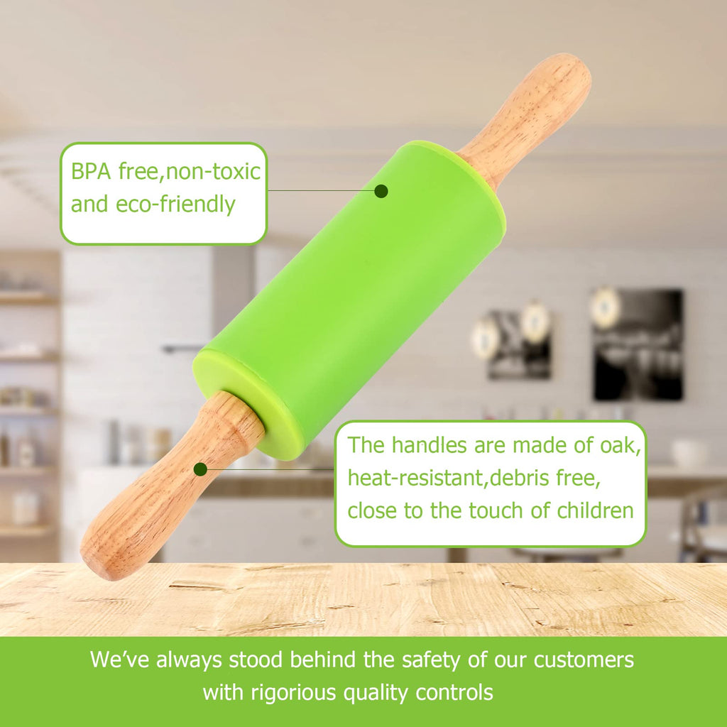 Honglida Mini Silicone Rolling Pin for Kids, Non-stick Surface Wood Handle, 9 Inch 1 Pack Green