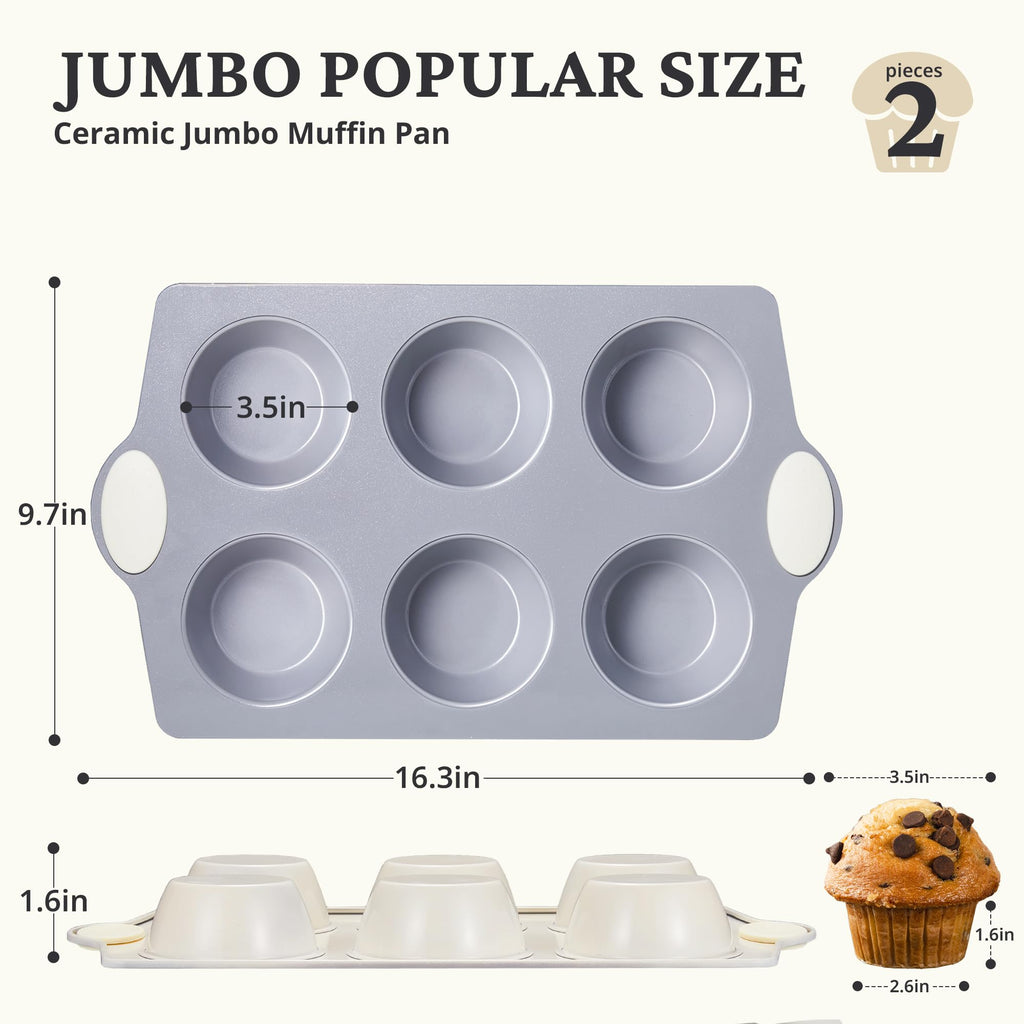 BRONYPRO 2-Pack 6-Cup Non Toxic Nonstick Ceramic Jumbo Muffin Pan & Cupcake Tin, PFOA & PFOA Free, Heavy Duty Rust-Resistant Aluminized Steel, Oven Safe, Cream White