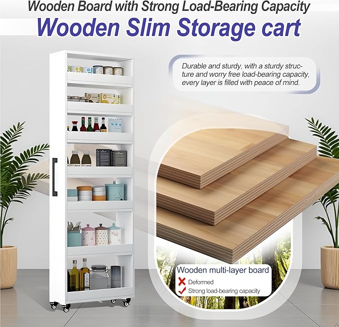 7-Tier Slim Storage Cart, Wooden Rolling Pantry Cabinet with Wheels, Narrow Shelf Organizer for Kitchen, Bakers Rack, Dining Room, Closet, Small Spaces Warm White 47.2" H*7.8" W*23.6" D